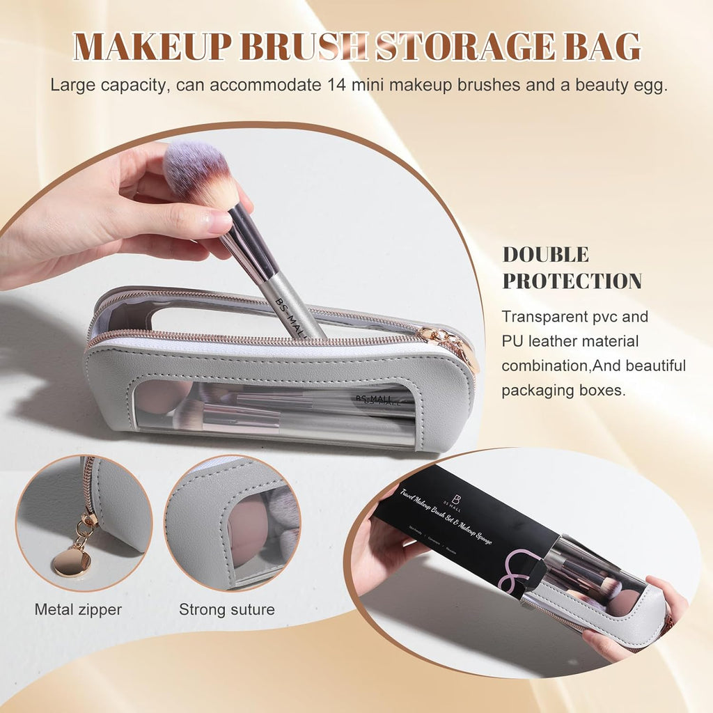 14 Piece Travel Makeup Brush Set with Bag & Sponge