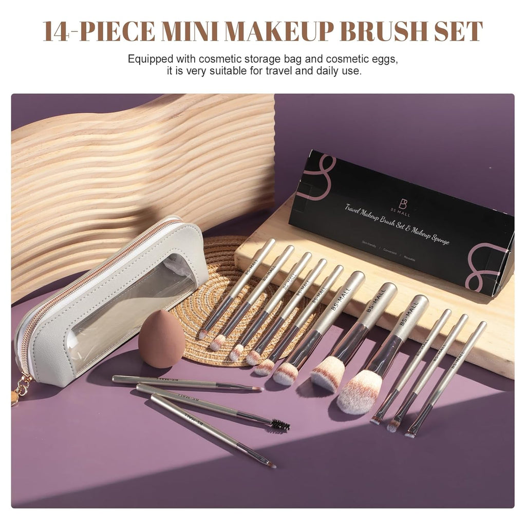 14 Piece Travel Makeup Brush Set with Bag & Sponge